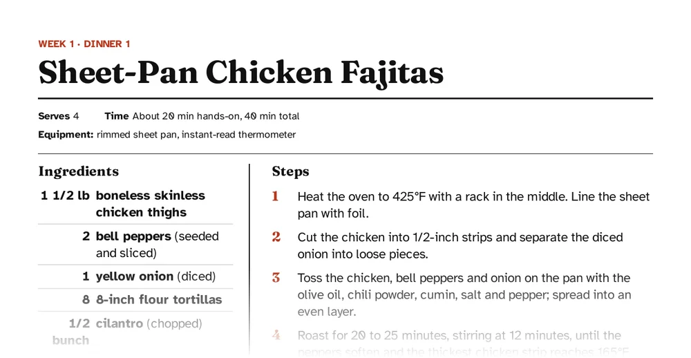 One recipe per page, with swaps and a leftovers note